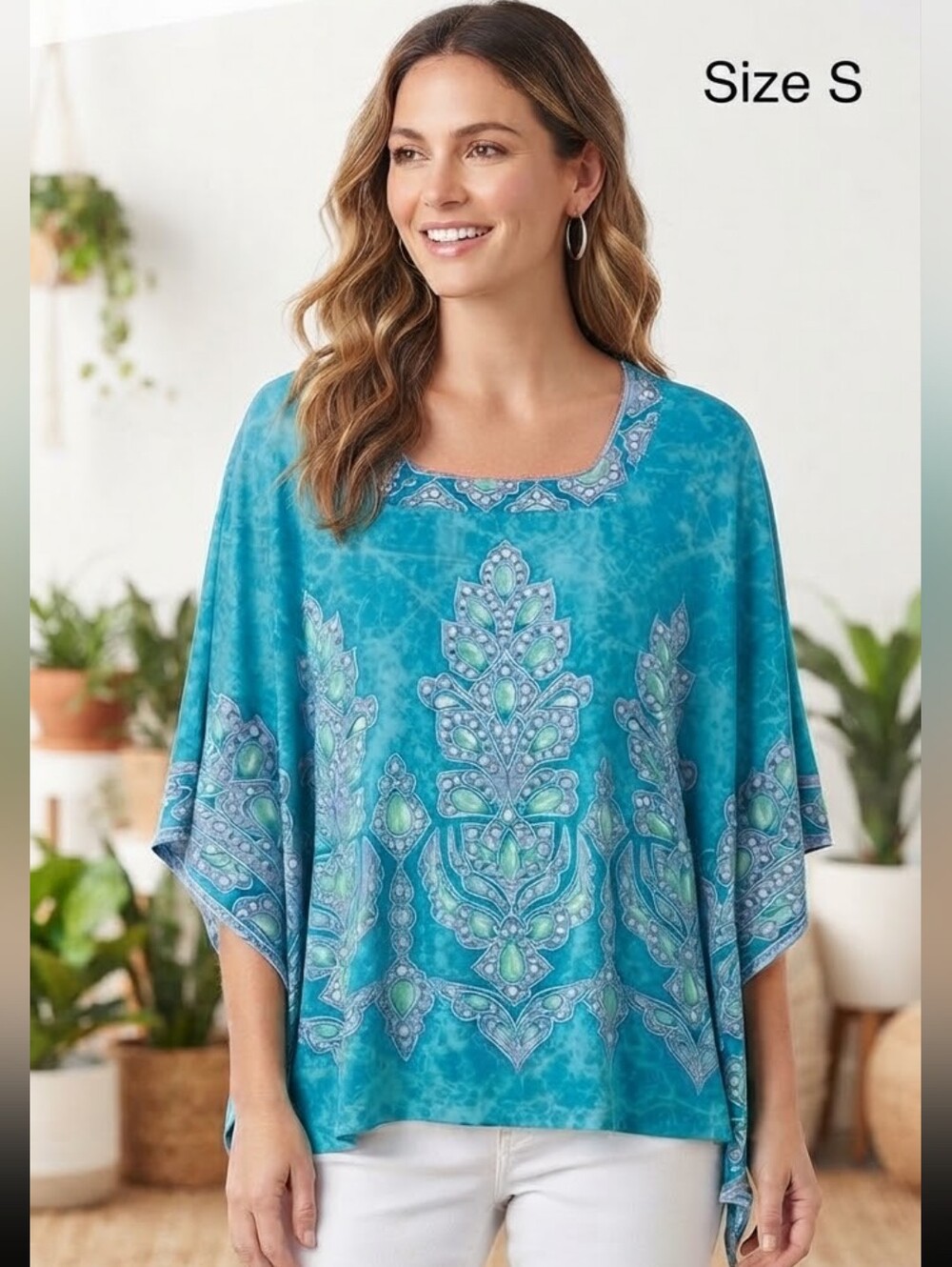 Bob Mackie Wearable Art Turquoise Blue Paisley Jeweled Poncho Blouse Sz S